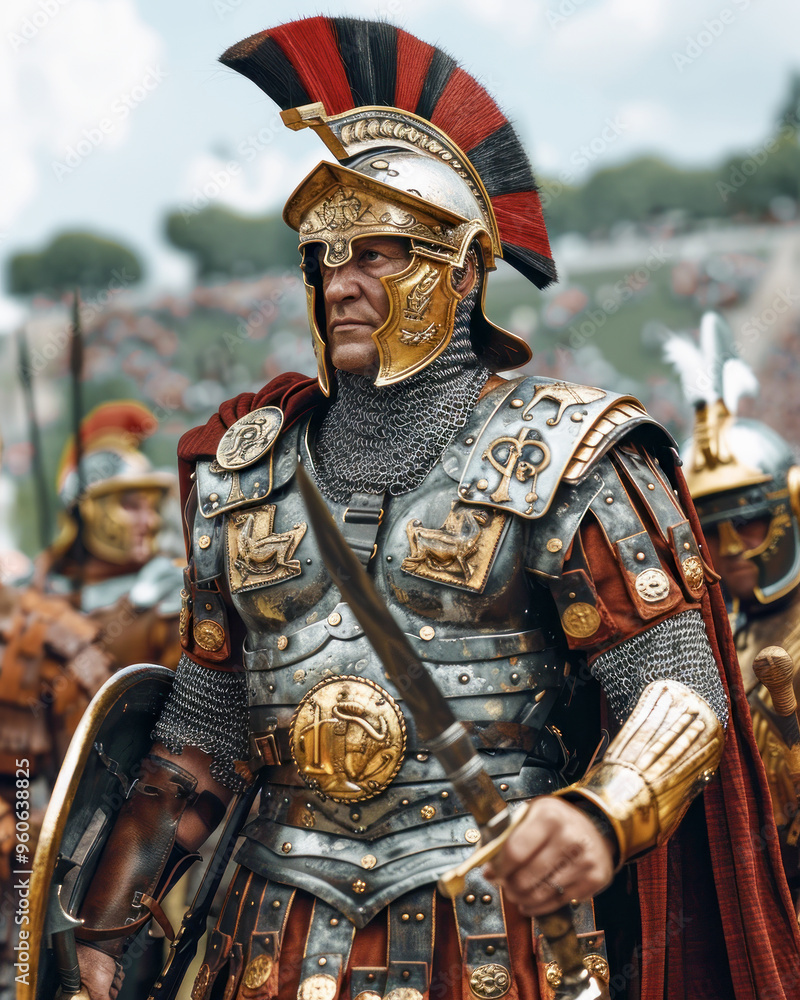 Roman legionary soldier in armor holding shield during battle Roman legionary soldier in armor holding shield during battle