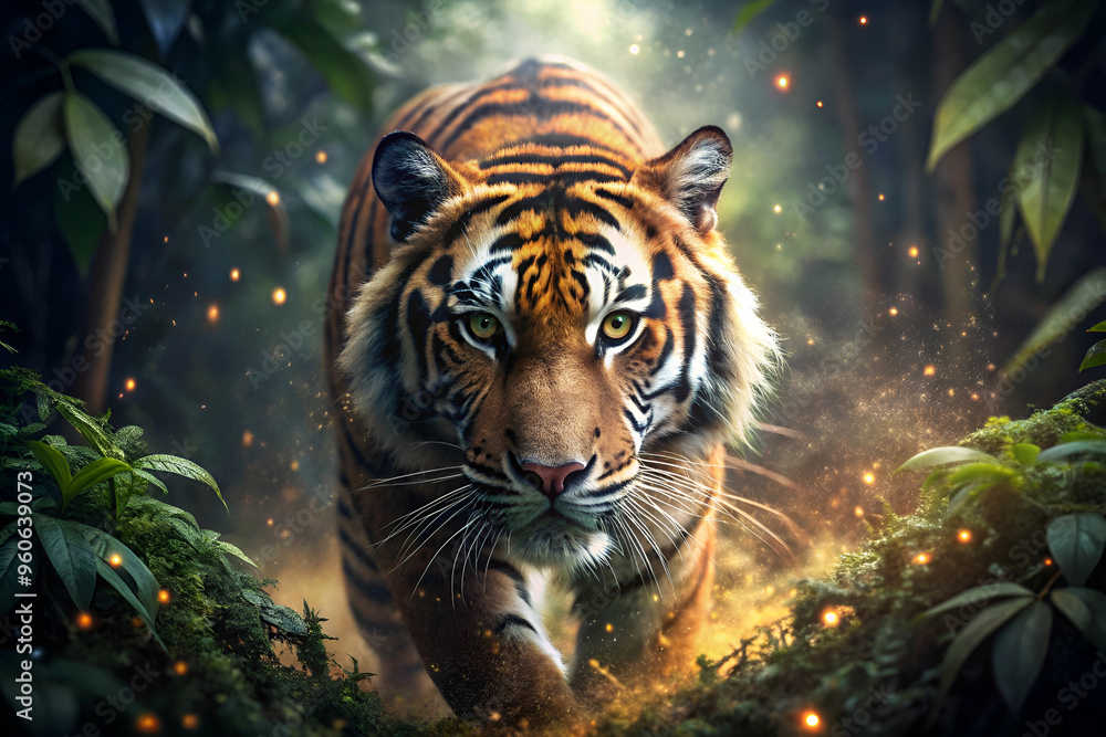 A tiger is walking through a forest with a bright yellow eye. Scene is one of adventure and excitement, as the tiger is exploring its natural habitat A tiger is walking through a forest with a bright yellow eye. Scene is one of adventure and excitement, as the tiger is exploring its natural habitat