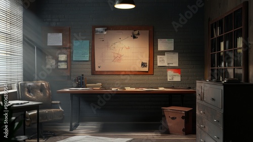 Detective office interior with evidence board on wall 