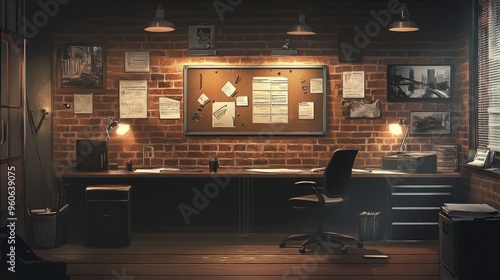 Detective office interior with evidence board on wall 