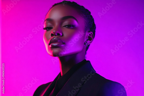 Stylish Womans Charcoal Suit with Solid Neon Purple Modern Fashion Lifestyle Portrait Background