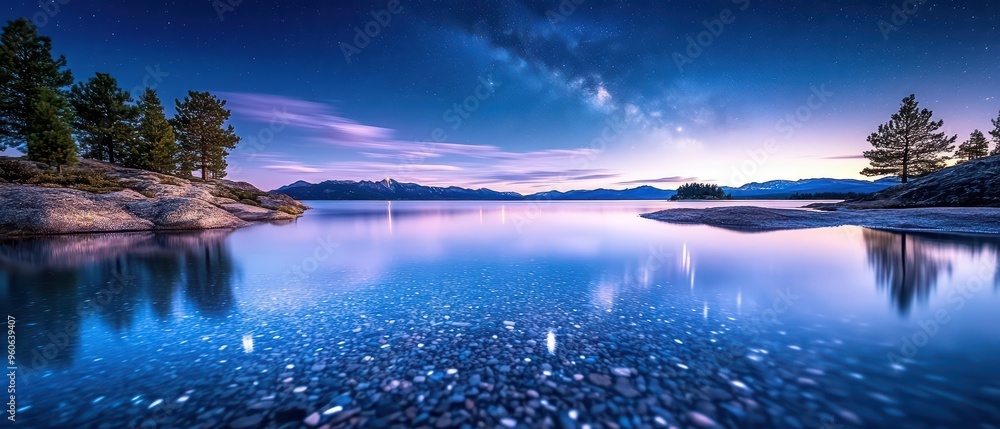 Serene lake landscape at dusk with a starry sky, reflecting vibrant colors and surrounded by pine trees. Serene lake landscape at dusk with a starry sky, reflecting vibrant colors and surrounded by pine trees.