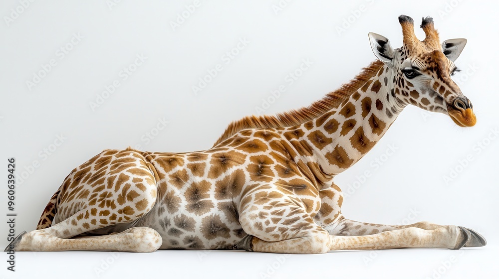 Giraffe in a resting position, emphasizing its unique body shape on a white background Giraffe in a resting position, emphasizing its unique body shape on a white background