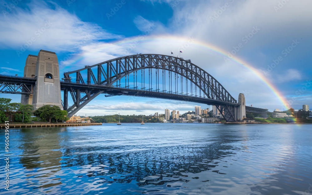 Fototapeta premium Sydney Harbour Bridge with a Vibrant Rainbow Arching Overhead