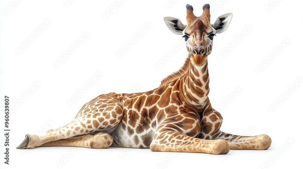 Giraffe sitting down with its neck curved elegantly on a white background Giraffe sitting down with its neck curved elegantly on a white background