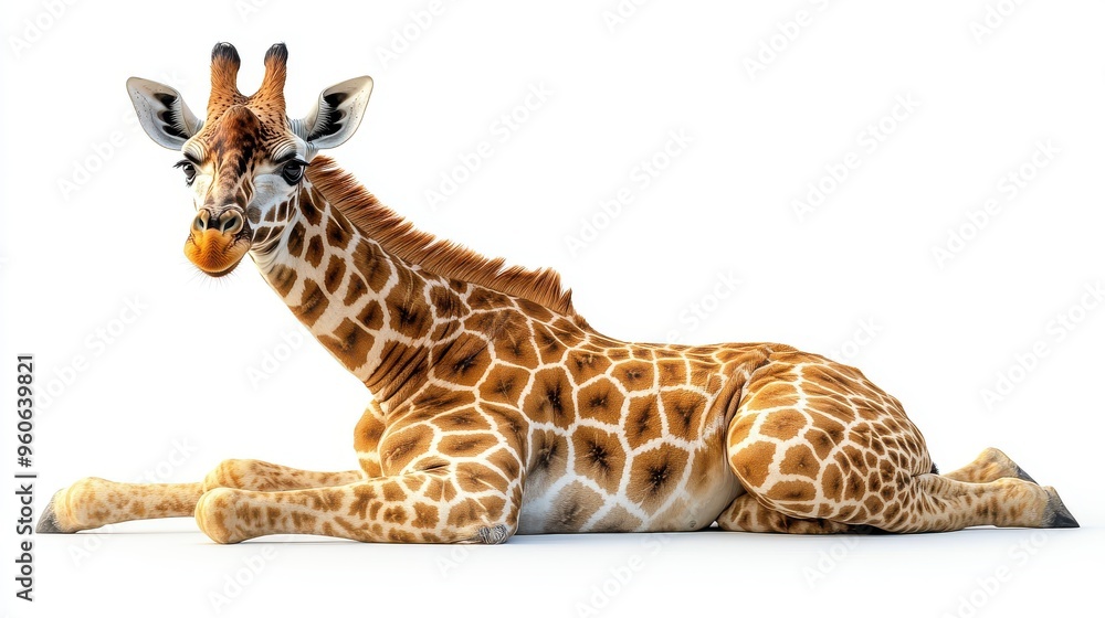 Obraz premium Giraffe sitting down with its neck curved elegantly on a white background
