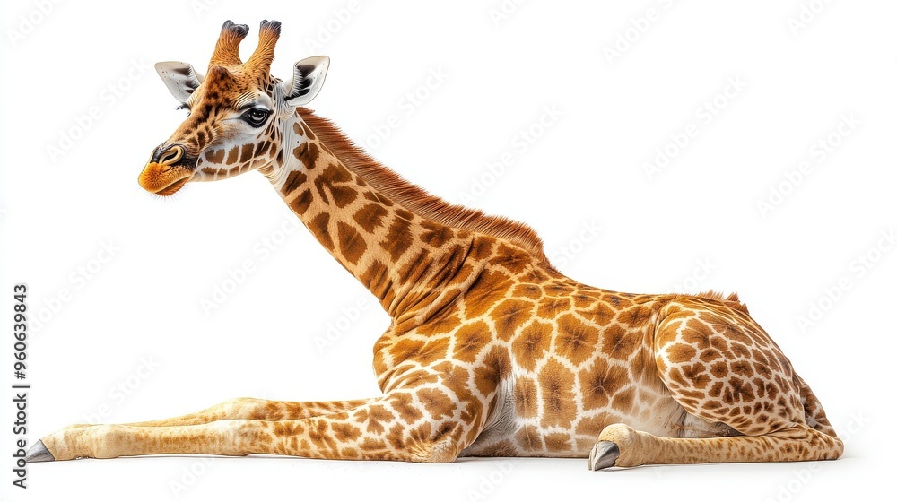 Giraffe sitting with a serene expression and its long neck gracefully extended on a white background Giraffe sitting with a serene expression and its long neck gracefully extended on a white background