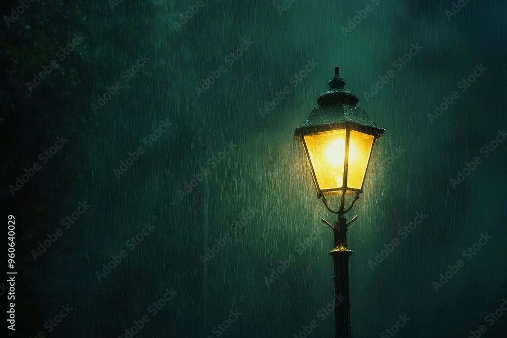 A single streetlamp glowing softly in the rain, with mist swirling around it A single streetlamp glowing softly in the rain, with mist swirling around it