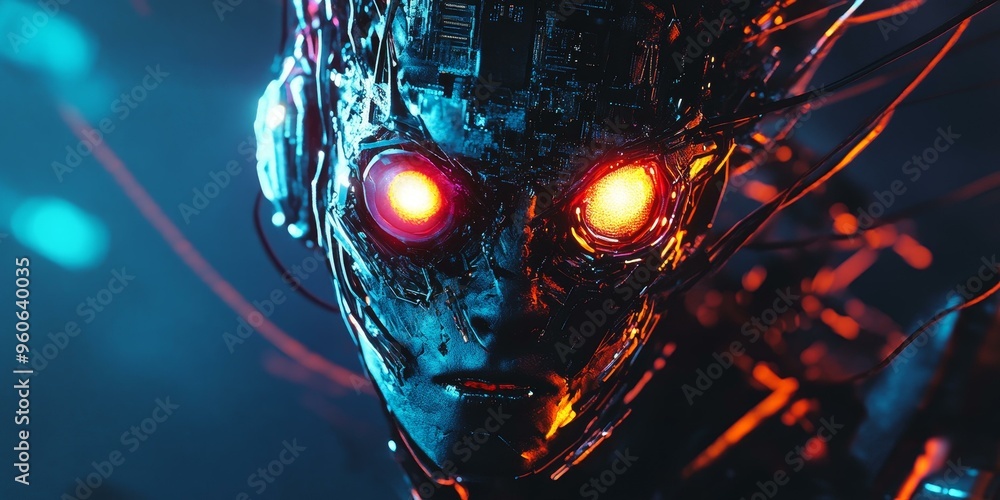 A close-up of a robotic face with glowing eyes. A close-up of a robotic face with glowing eyes.