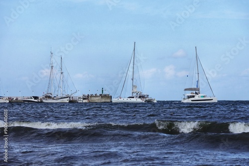 Yachts at sea at the entrance to the marina in Sopot, Poland.