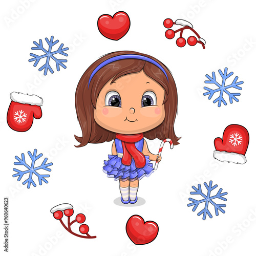 Cute cartoon girl with red scarf, blue dress, candy cane in winter frame. Christmas vector illustration of a little woman with red mittens, hearts, berries and blue snowflakes on white background.