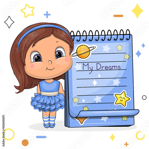 A cute cartoon girl and a blue notebook with stickers. Vector illustration of a little woman on a white background with stars, circles.
