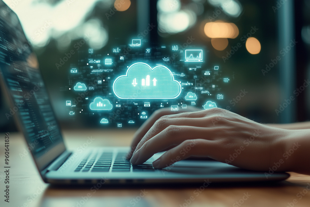 Exploring the digital landscape of cloud technology on a modern laptop at a cozy workspace Exploring the digital landscape of cloud technology on a modern laptop at a cozy workspace