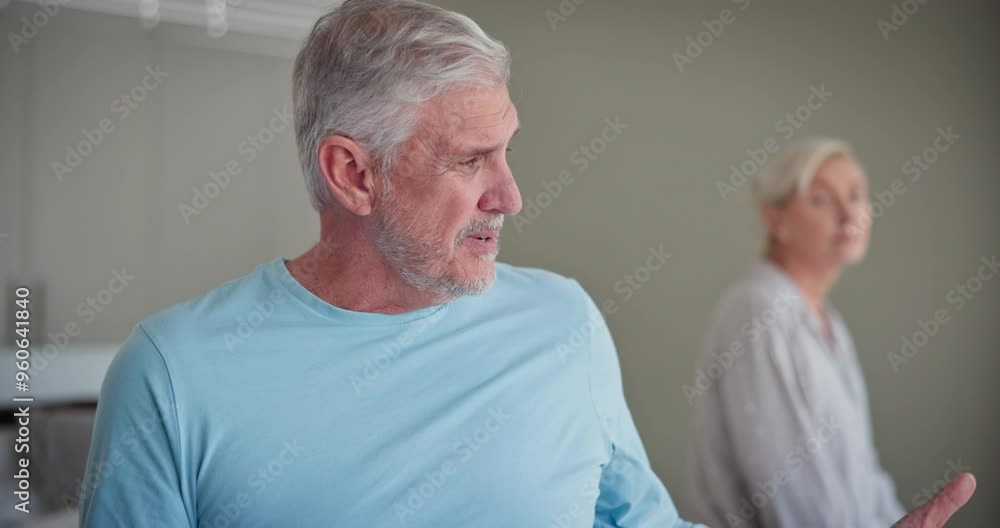 Argue, frustrated man and senior couple in bed with conflict, relationship problem and disagreement. Home, marriage crisis and upset mature woman in bedroom for discussion, fighting and divorce Argue, frustrated man and senior couple in bed with conflict, relationship problem and disagreement. Home, marriage crisis and upset mature woman in bedroom for discussion, fighting and divorce