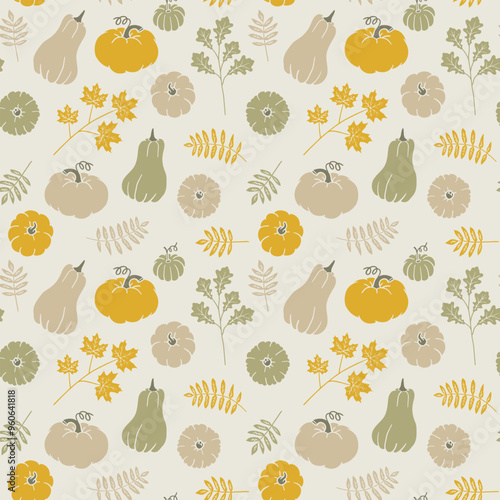 Fall seamless pattern with pumpkin and leave. Graphic background with autumn elements. Hand drawn illustration. Lino stamp style wallpaper art.