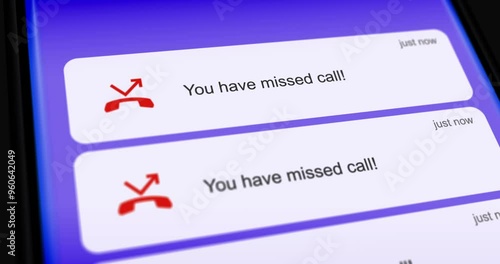 List of missed calls on smartphone screen, unanswered or dropped call scrolling notifications, footage 