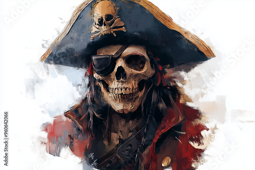 A fearsome pirate skeleton with an iconic hat and tattered coat against a misty backdrop photo