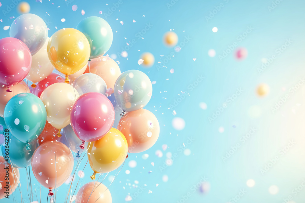 Celebratory balloons drifting against a bright blue sky with confetti on a cheerful afternoon Celebratory balloons drifting against a bright blue sky with confetti on a cheerful afternoon
