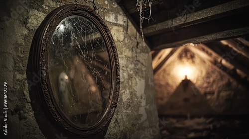 A haunted mirror in a dusty attic faint reflections of ghostly figures cobweb-covered wooden beams overhead dim candlelight flickering in the background shot. photo