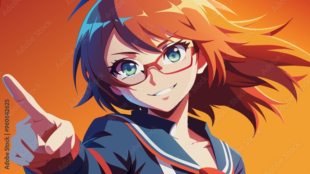image of a female cartoon student pointing. smile face with sunglass. anime art. image of a female cartoon student pointing. smile face with sunglass. anime art.