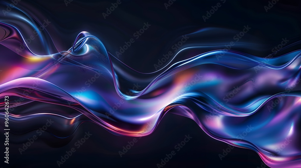 Background with transparent purple waves on black, liquid glass texture, purple iridescent shiny waves Background with transparent purple waves on black, liquid glass texture, purple iridescent shiny waves