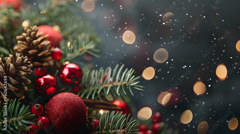 Joyful Christmas tree adorned with red ornaments and twinkling lights Joyful Christmas tree adorned with red ornaments and twinkling lights