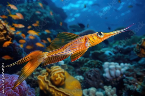 Trumpet fish among tropical fish in Indo Pacific ocean photo