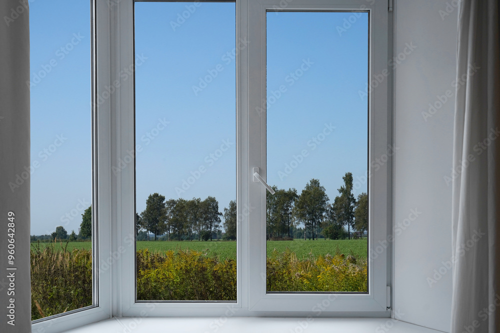 View from the window of the room on the park with green trees. View from the window of the room on the park with green trees.