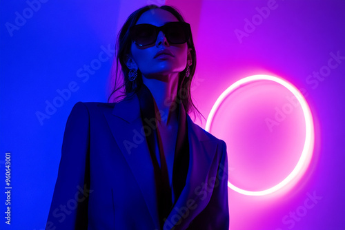 Deep Blue Suit with Solid Neon White Elegant Lifestyle Portrait of a Woman in a Deep Blue Suit with Bold Neon White Accents