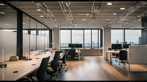 A modern office space featuring sleek furniture, city views, and abundant natural light, ideal for professional productivity. photo