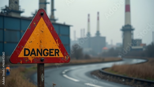 Danger Warning Sign in Front of Industrial Factory