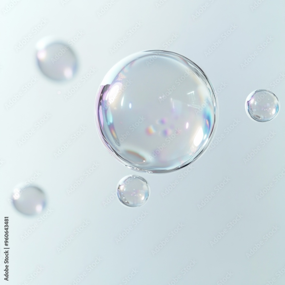 Delicate soap bubbles gliding gracefully, creating soft, shimmering reflections against a pristine white background, evoking a sense of whimsy and tranquility.