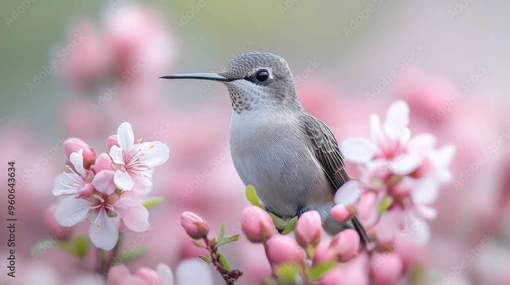 Obraz premium Hummingbird perched on a flower, with a focus on the delicate interaction on a white background