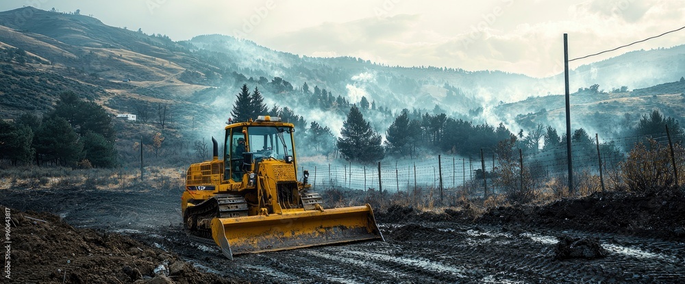 Bulldozer Clearing a Path Through Smoke and Ash in a Forest Fire Aftermath
