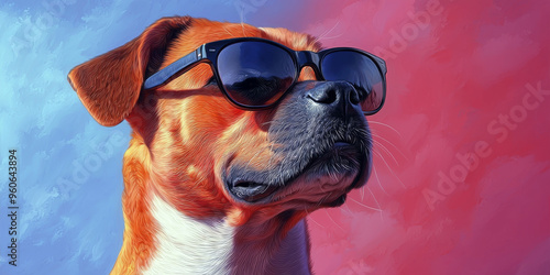 A brown and white dog with sunglasses looks cool and confident.