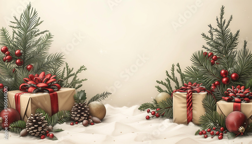Minimalistic sketch, painting of Christmas on white background with free space for text