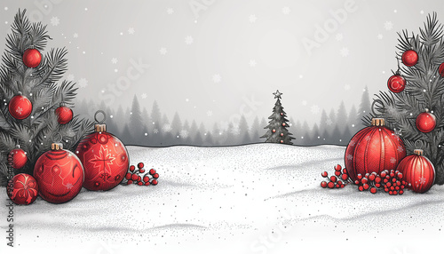 Minimalistic sketch, painting of Christmas landscape on white background with free space for text