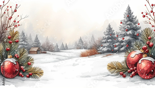 Minimalistic sketch, painting of Christmas landscape on white background with free space for text