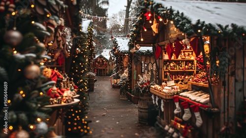 Festive Christmas Market Stalls with Decorations and Lights