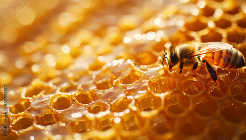 Macrophotograph of bees on honeycombs that are filled with natural and healthy honey photo