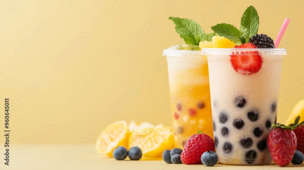 Summer Fruit Bubble Tea Delight, a refreshing seasonal beverage adorned with vibrant fruit slices and flavored tapioca, presented in a minimalist setting that highlights its enticing flavors. Summer Fruit Bubble Tea Delight, a refreshing seasonal beverage adorned with vibrant fruit slices and flavored tapioca, presented in a minimalist setting that highlights its enticing flavors.