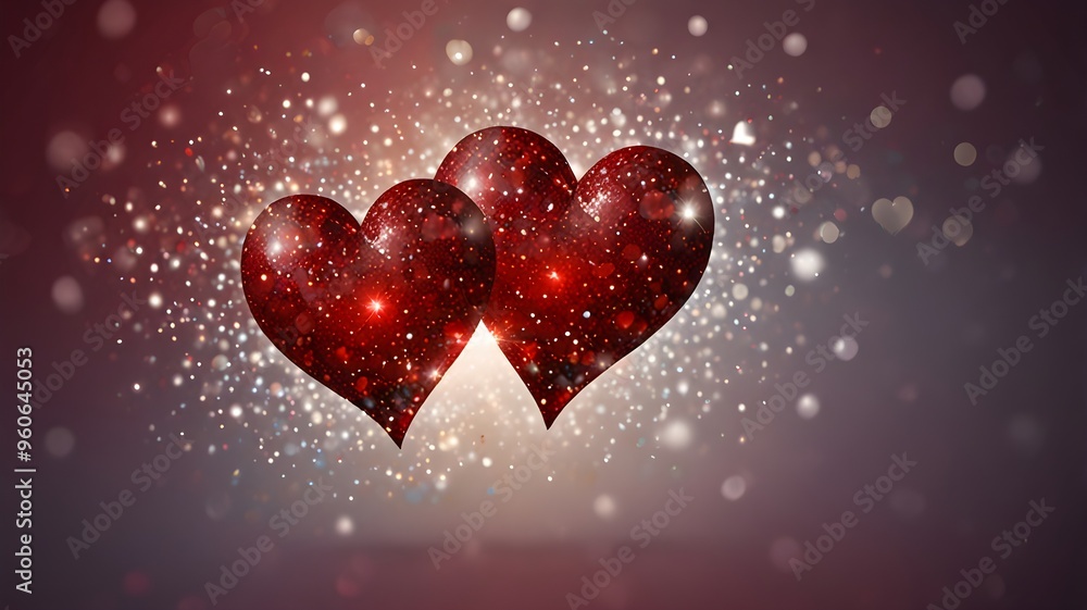 Two red hearts on a glittery background with floating lights symbolizing love and romance perfect for Valentine’s Day anniversaries or romantic-themed projects. Two red hearts on a glittery background with floating lights symbolizing love and romance perfect for Valentine’s Day anniversaries or romantic-themed projects.