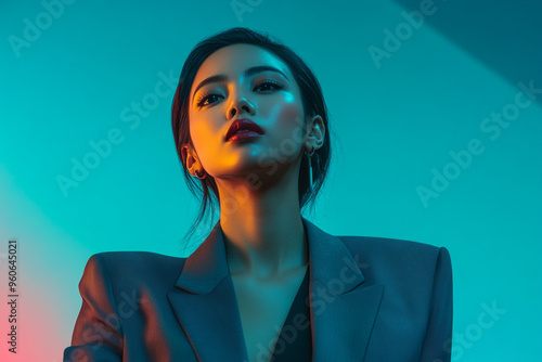 Dark Gray Suit with Solid Neon Aqua Trendy Portrait Featuring a Woman in a Dark Gray Suit with Neon Aqua Highlights