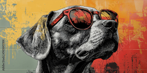 Cool dog with red sunglasses against a colorful wall.