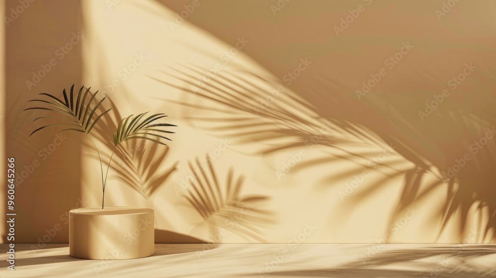 Simple leaf shadow on beige wall for product advertisement podium mockup with copy space Simple leaf shadow on beige wall for product advertisement podium mockup with copy space