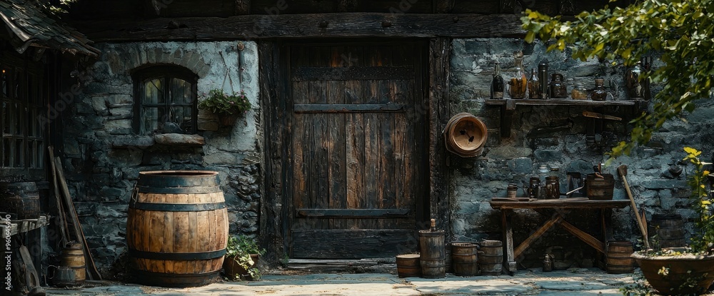Rustic Stone Building with Wooden Door and Barrel Rustic Stone Building with Wooden Door and Barrel