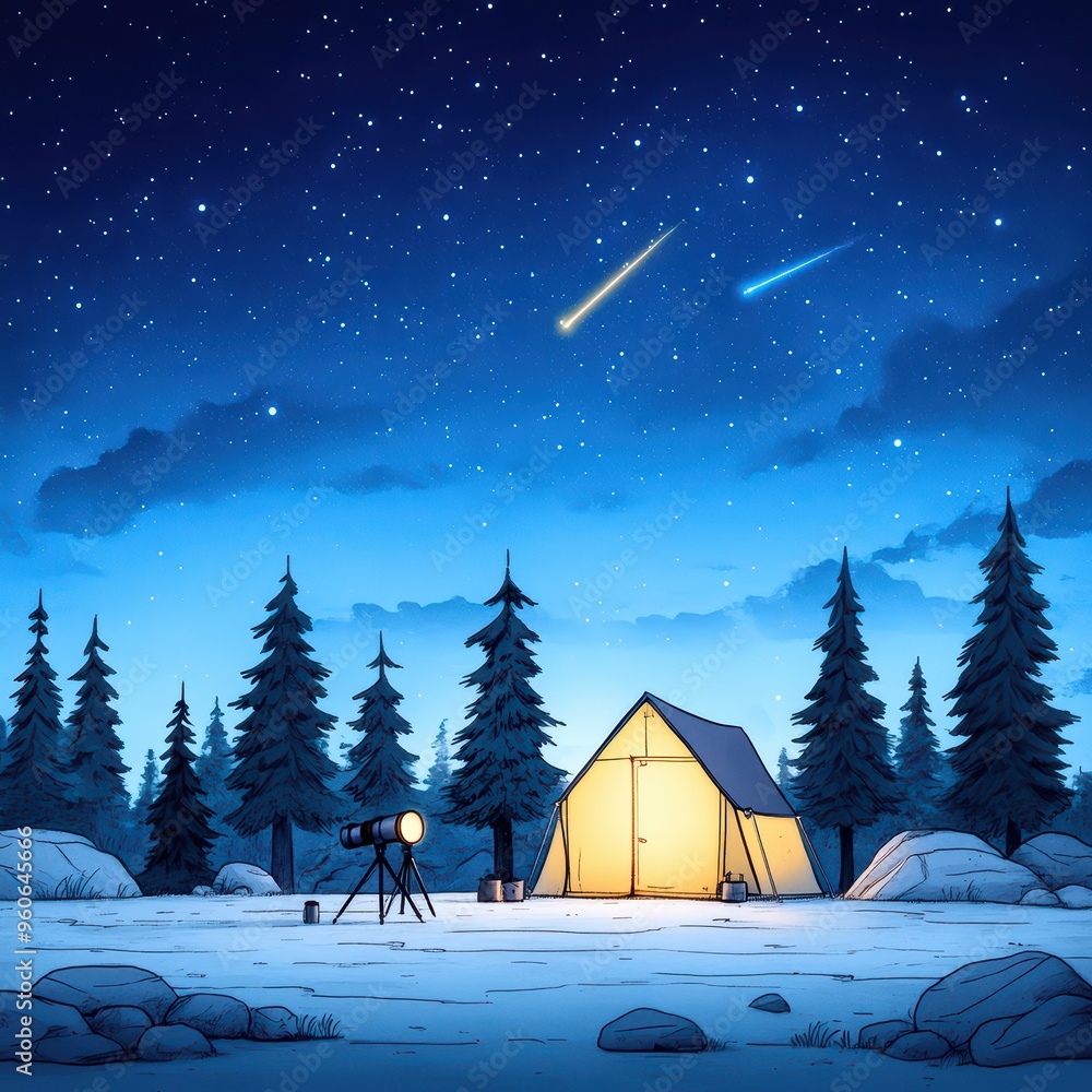 Fototapeta premium A serene camping scene under a starry night sky, featuring a tent, telescope, and shooting stars amidst tall pine trees.