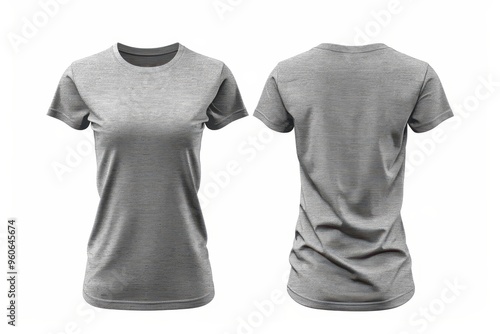 White background with rear and side view of woman s short sleeve light grey T shirt photo