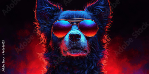 Cool dog wearing sunglasses with a red and blue background.