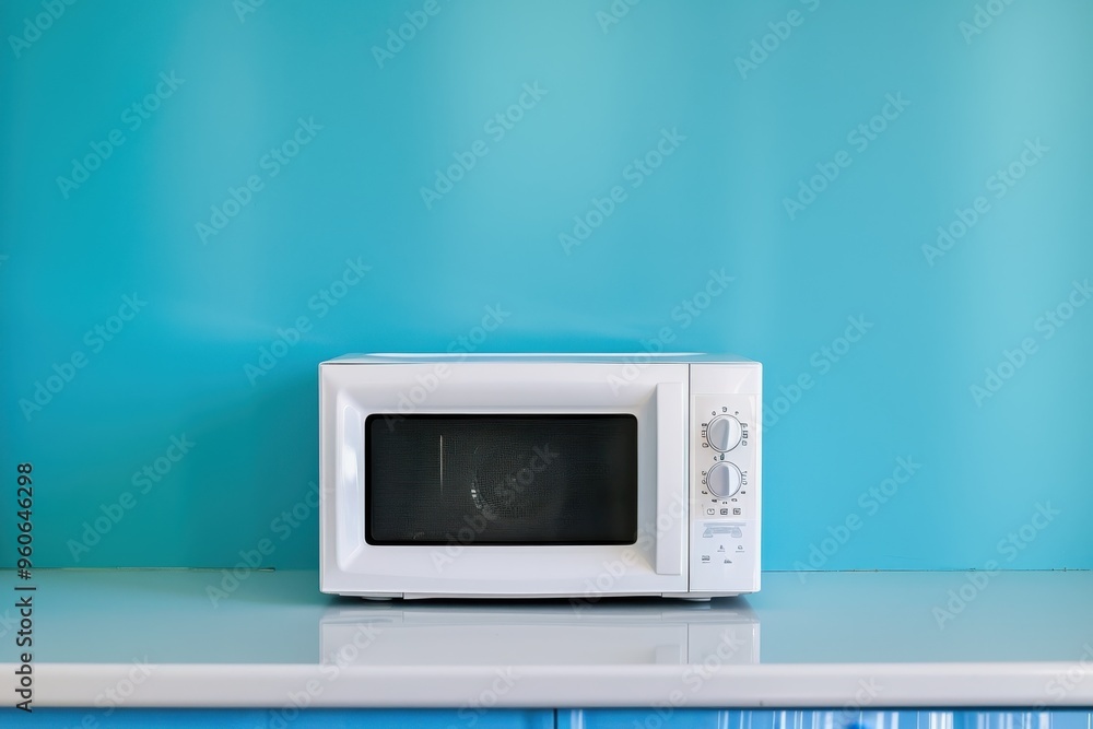 Fototapeta premium White microwave near blue wall on counter